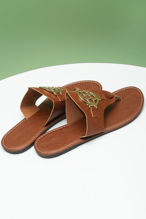 Chestnut Metal Decor Leather Thong Slippers