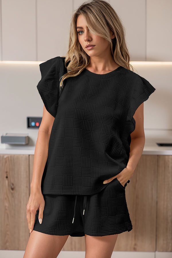 Black Textured Ruffled Sleeve Tee and Drawstring Elastic Waistband Shorts Set