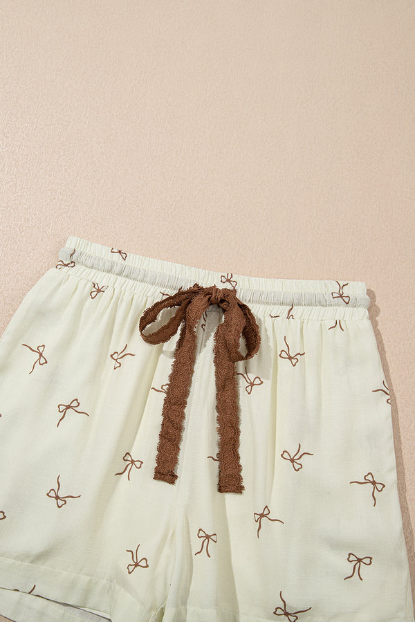 White Bow Print Lace Drawstring Elastic Waistband Casual Shorts