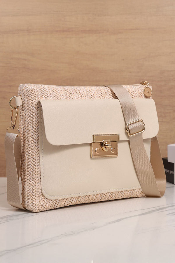 Beige Leather Pocket Patchwork Straw Woven Shoulder Bag