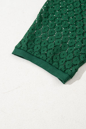 Blackish Green Contrast Lace Raglan Sleeve Pleated Detail Shift Dress