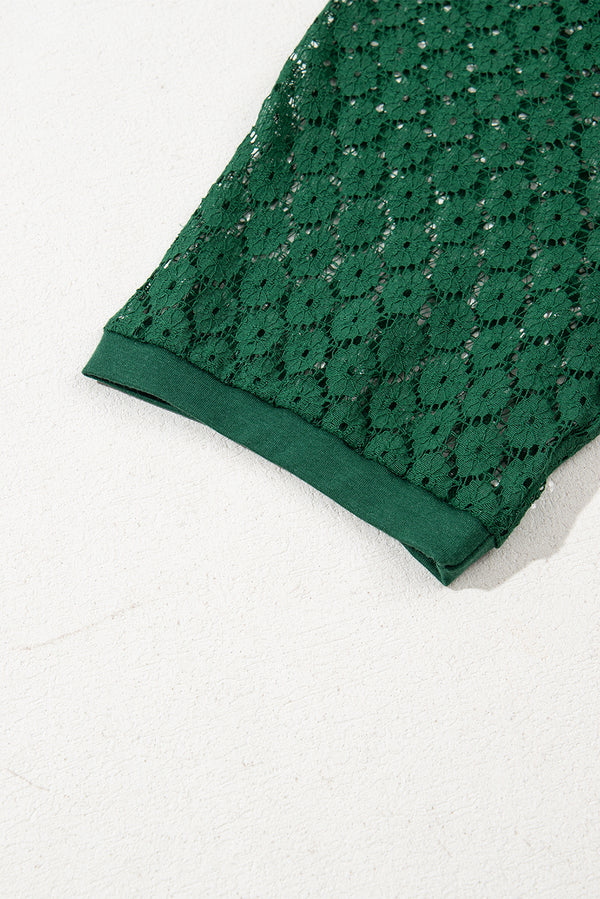Blackish Green Contrast Lace Raglan Sleeve Pleated Detail Shift Dress