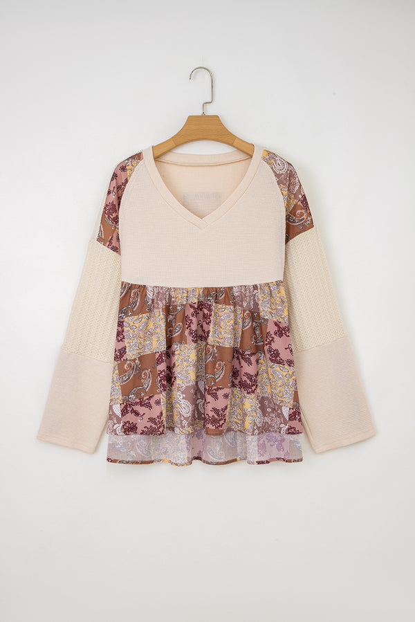 Beige Paisley Ethnic Print Contrast Patchwork Long Sleeve Loose Top