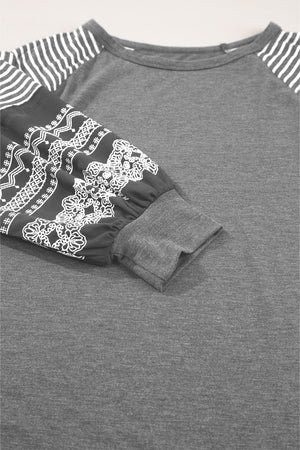 Gray Contrast Print Striped Raglan Long Sleeve Loose Top