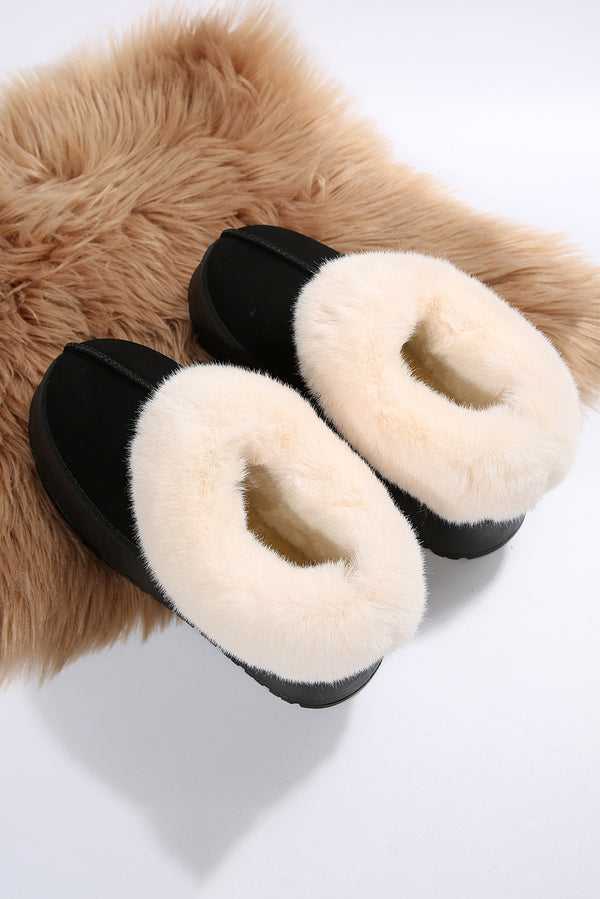 Black Plush Suede Trim Thick Sole Flat Snow Boots