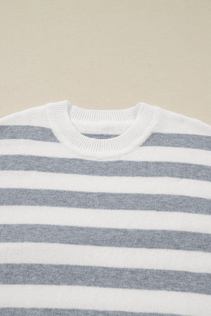 Gray Stripe Ribbed Buttoned Detail Drop Shoulder Tunic Sweater