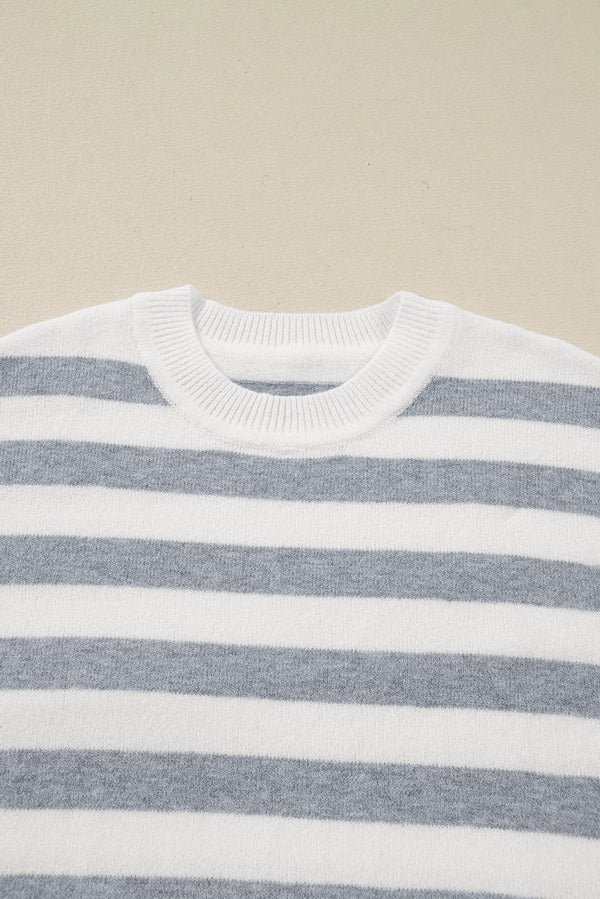 Gray Stripe Ribbed Buttoned Detail Drop Shoulder Tunic Sweater