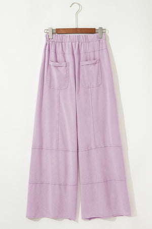 Pink Mineral Wash Exposed Seam Drawstring Elastic Waistband Wide Leg Cargo Pants