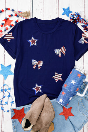 Blue Sequin USA Flag Bow Star Graphic Crewneck T Shirt