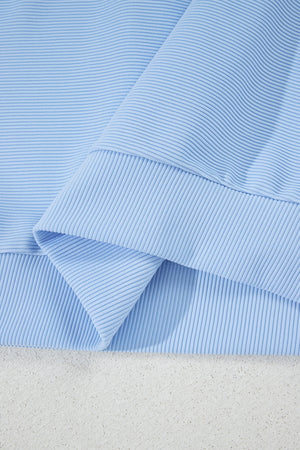 Beau Blue Ribbed Texture Half Zip Ruffled Short Sleeve Top and Shorts Set