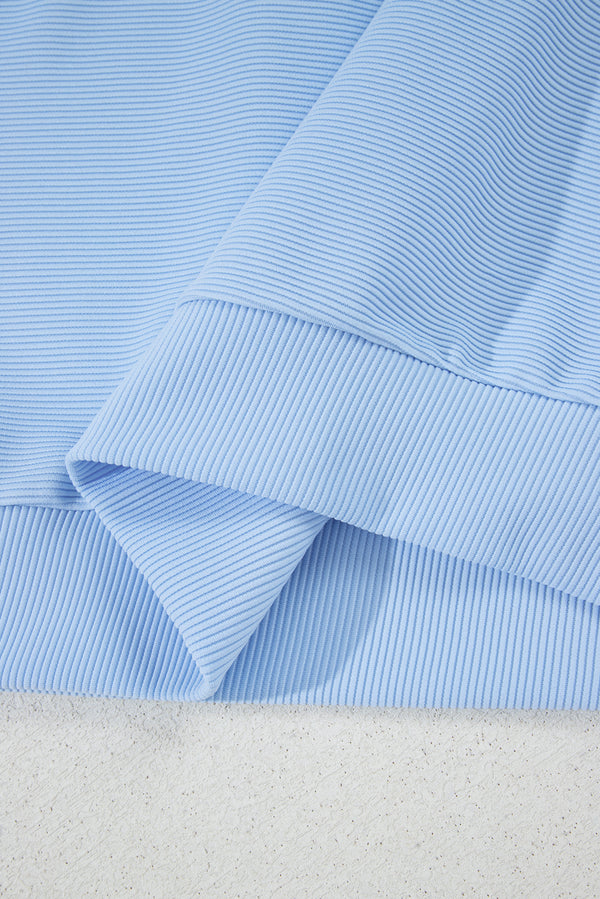 Beau Blue Ribbed Texture Half Zip Ruffled Short Sleeve Top and Shorts Set
