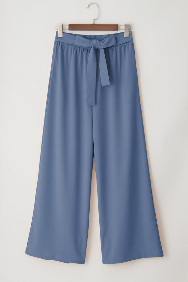 Sail Blue High Waisted Tie Front Side Pocket Wide Leg Flowy Casual Pants