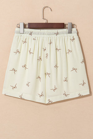 White Bow Print Lace Drawstring Elastic Waistband Casual Shorts