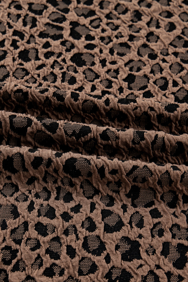 Brown Ribbed Trim Leopard Print Long Sleeve Top