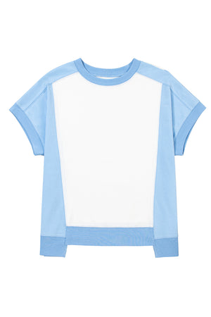 Sky Blue Color Block Exposed Seam Crew Neck T Shirt