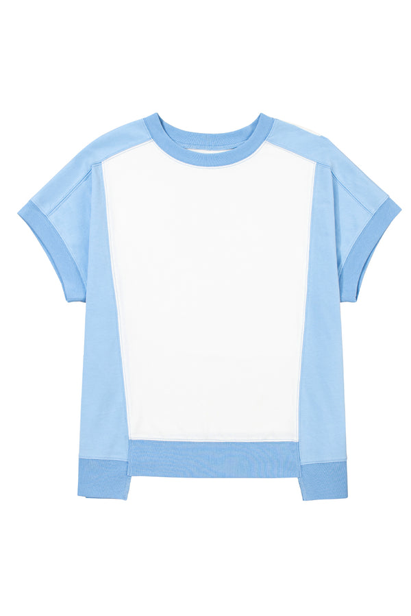 Sky Blue Color Block Exposed Seam Crew Neck T Shirt