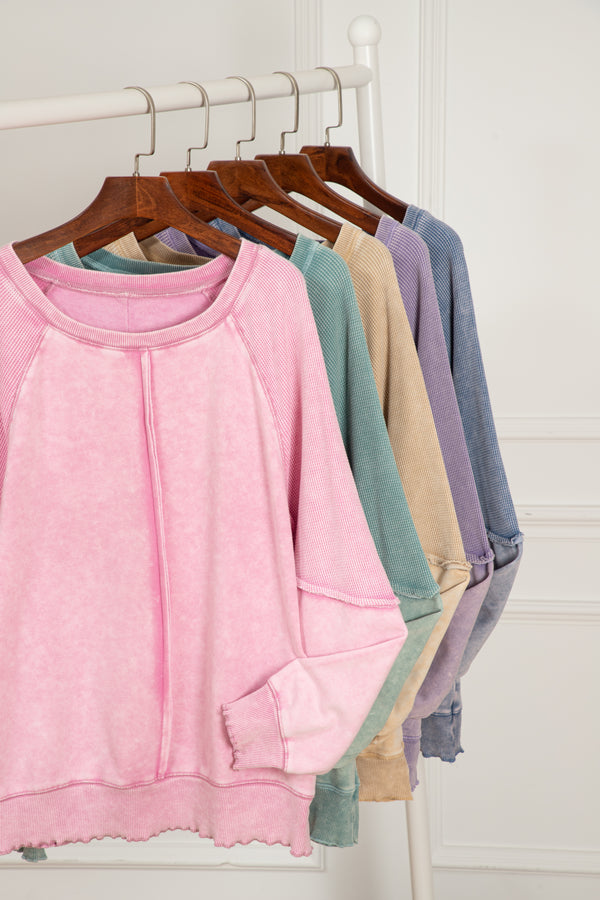 Light Grey Solid Waffle Knit Patchwork Raglan Sleeve Sweatshirt