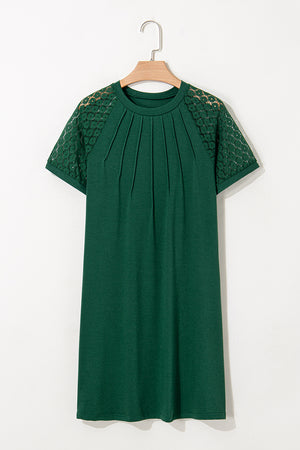 Blackish Green Contrast Lace Raglan Sleeve Pleated Detail Shift Dress