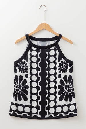 Black Abstract Dot Flower Print Tank Top