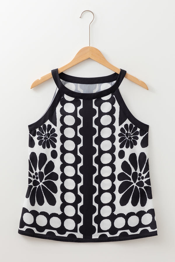 Black Abstract Dot Flower Print Tank Top