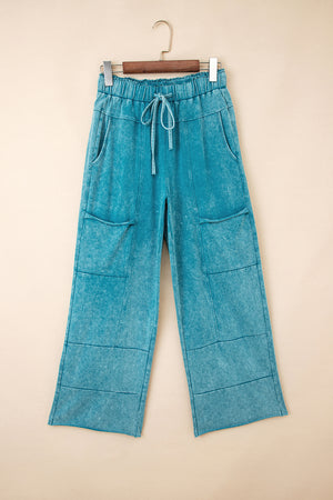 Lapis Mineral Wash Lace-up High Waist Raw Hem Patched Pocket Pants