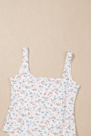 White Floral Textured Square Neck Sleeveless Bodysuit