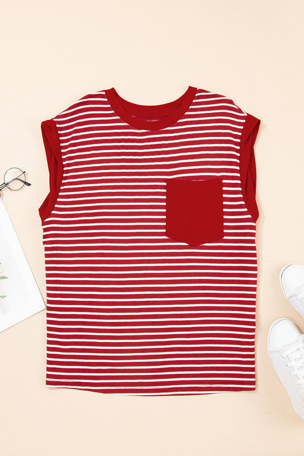 Red Stripe Chest Pocket Patch Round Neck Tank Top