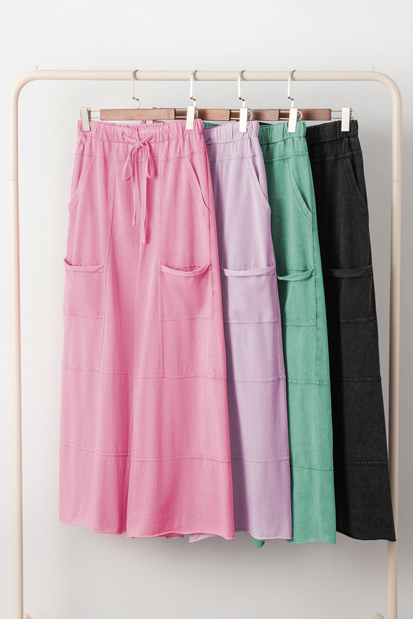 Black Mineral Wash Exposed Seam Drawstring Elastic Waistband Wide Leg Cargo Pants
