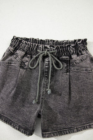 High Drawstring Elastic Waistband Casual Denim Shorts with Pockets