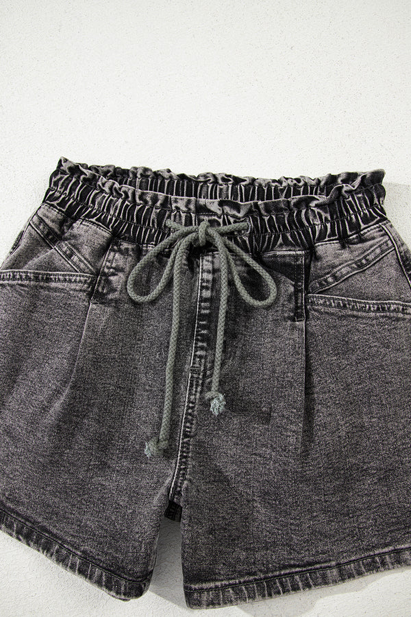 High Drawstring Elastic Waistband Casual Denim Shorts with Pockets