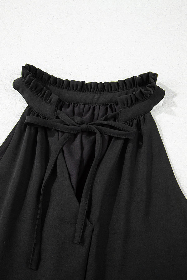 Black Pinched V Neck Tie Loose Tank Top