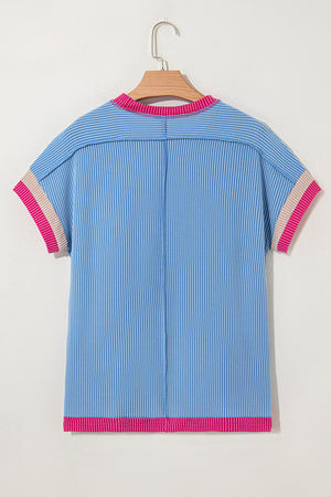 Sky Blue Textured Contrast Trim Round Neck T Shirt