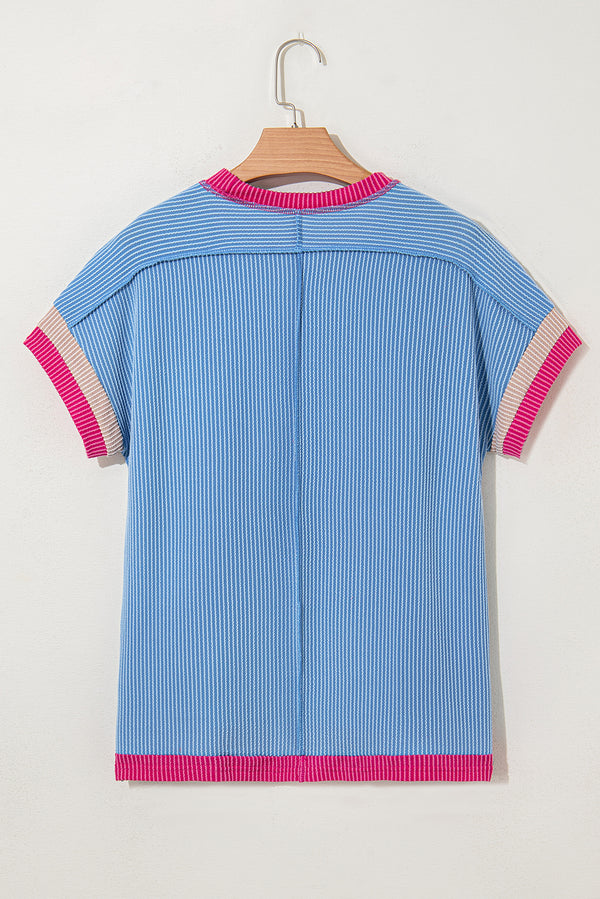 Sky Blue Textured Contrast Trim Round Neck T Shirt