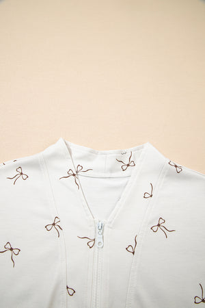 Beige Bow Print Half Zip Tank and Shorts 2pcs Set
