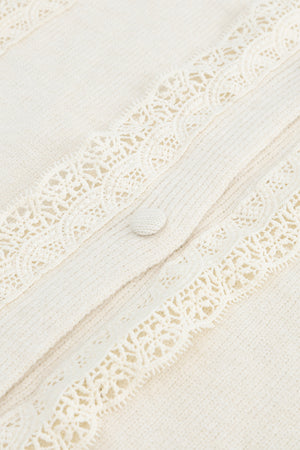 Apricot Lace Trim Ribbed Round Neck Button Up Cardigan