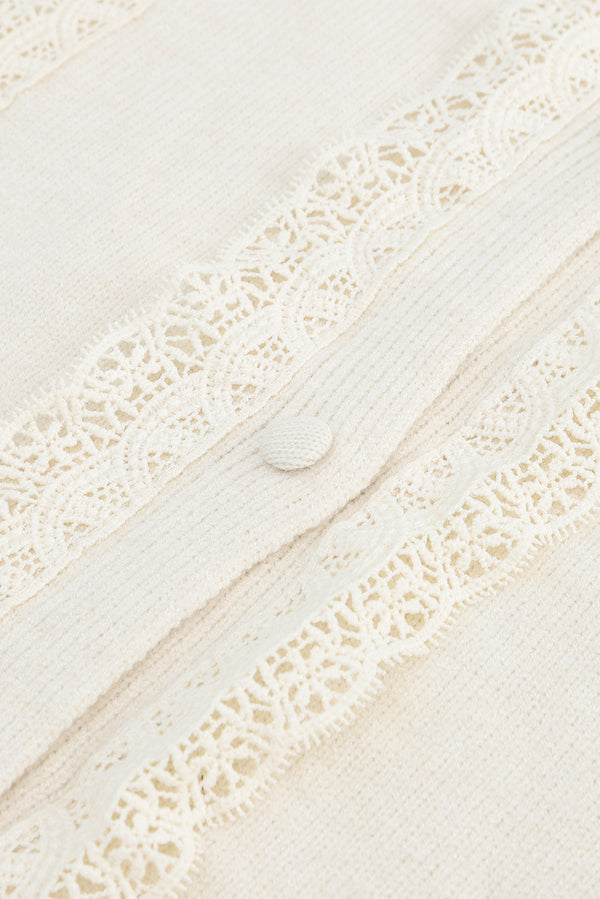 Apricot Lace Trim Ribbed Round Neck Button Up Cardigan