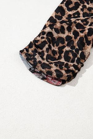 Brown Mesh Leopard Floral Reversible V Neck Short Sleeve Dress