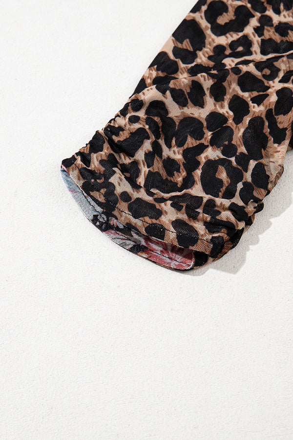 Brown Mesh Leopard Floral Reversible V Neck Short Sleeve Dress