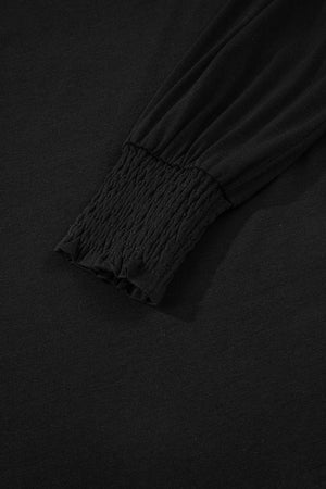 Black Shirred Shoulder Frilled Cuffs Long Sleeve Top