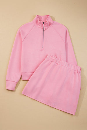 Pink Half Zip Sporty Pullover Mini Skirt 2pcs Outfit