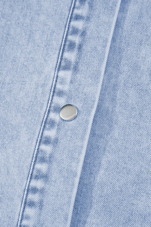 Beau Blue Double Ruffled Sleeves Buttoned A-line Collared Mini Denim Dress