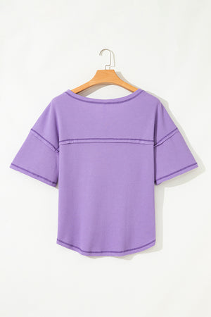 Purple Exposed Seam Half Sleeve Knitted V Neck Textured Top