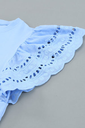 White/Black/Blue/Green Hollow Out Ruffle Sleeve T-shirt