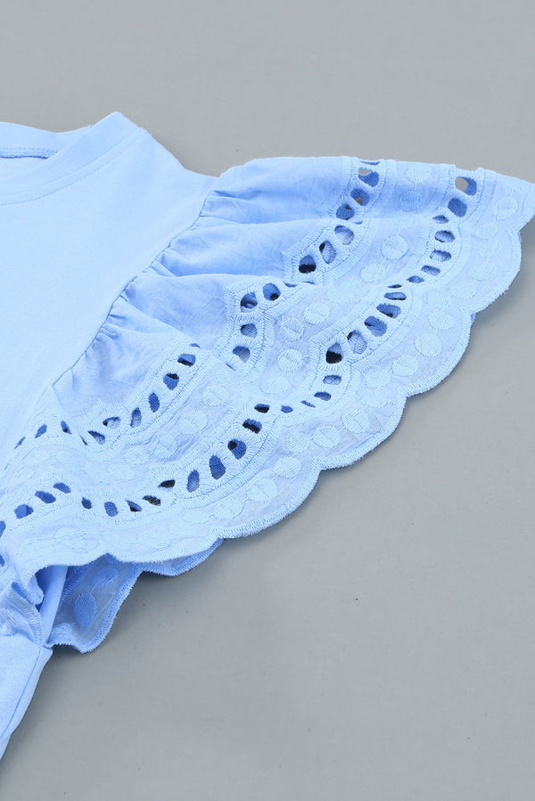 White/Black/Blue/Green Hollow Out Ruffle Sleeve T-shirt