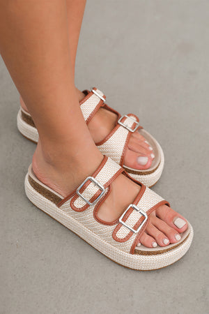 Beige Linen Dual Buckle Strap Thick Sole Outdoor Slippers