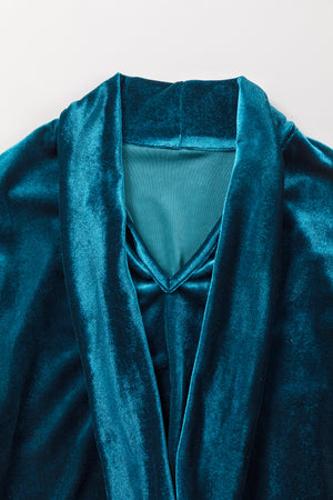 Peacock Blue Velvet Bow Tie Neck Short Sleeve Top