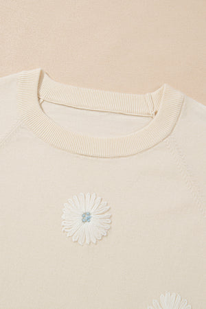 Beige Flower Pattern Short Sleeve Knitted Top