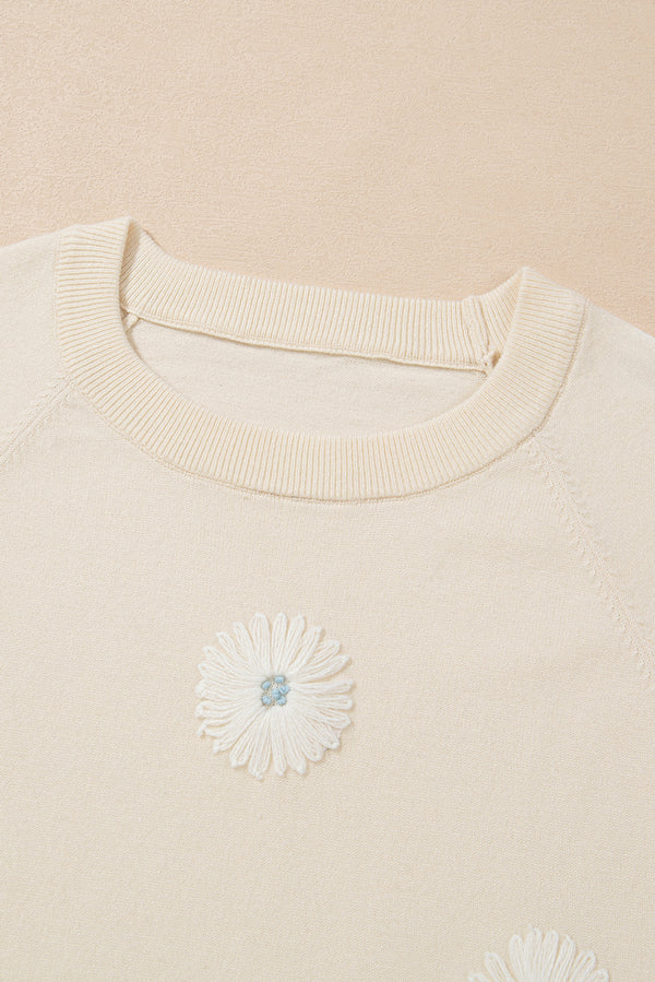 Beige Flower Pattern Short Sleeve Knitted Top