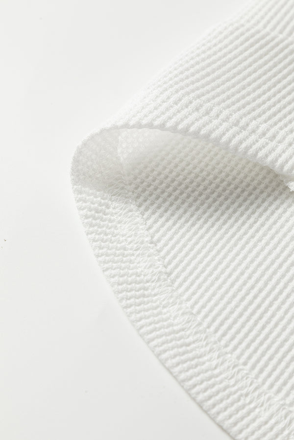 White Rounded Hem Waffle Long Sleeve Top