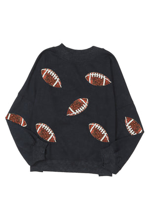 Black Rugby Football Print Drop Shoulder Crew Neck Sweatshirt